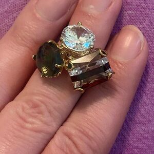 Henri Bendel Triple Crystal Cocktail Statement Bling Ring Size 6